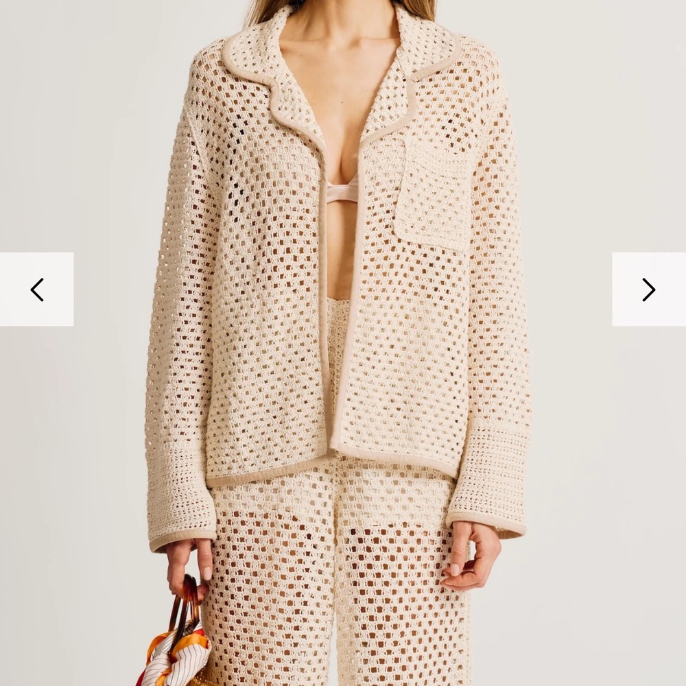 NWT Ronny Kobo Crochet Mesh Blazer Coverup Neutral Nude Open Knit Resort Top